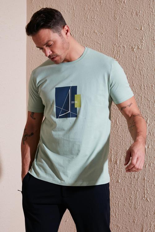 Baskılı Pamuklu Bisiklet Yaka Slim Fit Erkek T Shirt 646R8040 ELMA YEŞİLİ