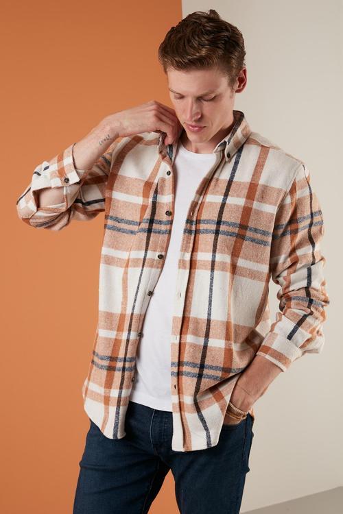 Pamuklu Ekoseli Slim Fit Kışlık Erkek Gömlek CF23W114662 EKRU-TABA