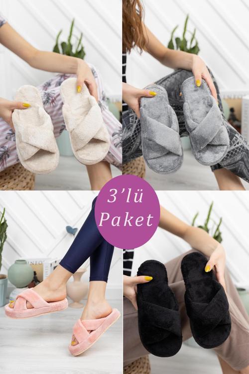 3'lü Paket Çapraz Kadın Terlik Ev Terliği
