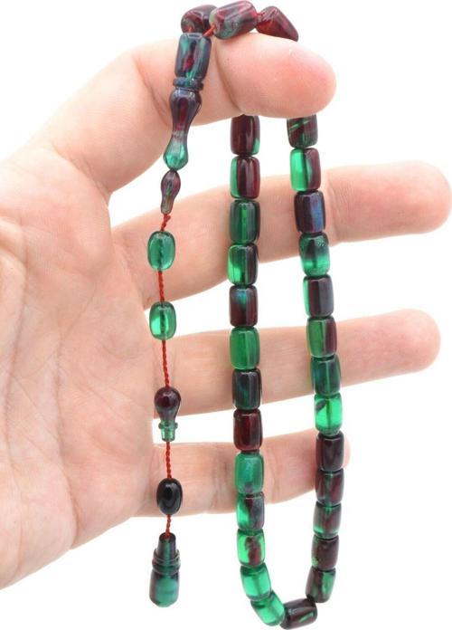 Abdullah Darabacı Yapımı Simli Bordo Yeşil Sıkma Kehribar Tesbih