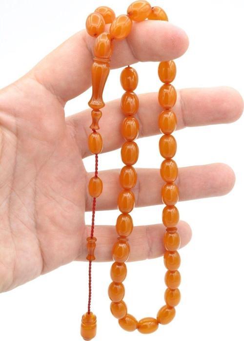 Ahmet Emin Yapımı Tombul Beyzi Kesim Turuncu Sıkma Kehribar Tesbih