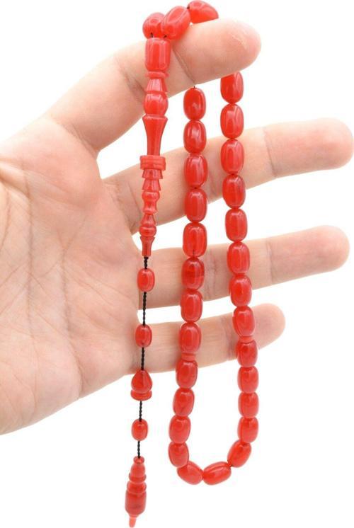 Usta İşi Halkalı İmameli İri Boy Kırmızı Sıkma Kehribar Tesbih