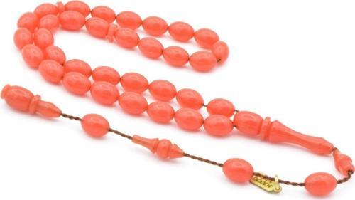 Hakkı Usta İmzalı Beyzi Kesim Bilek Boy Pembe Sıkma Kehribar Tesbih