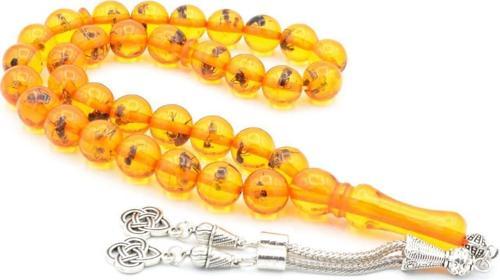 Küre Kesim Turuncu Karınca Fosilli Toz Kehribar Tesbih 12 Mm