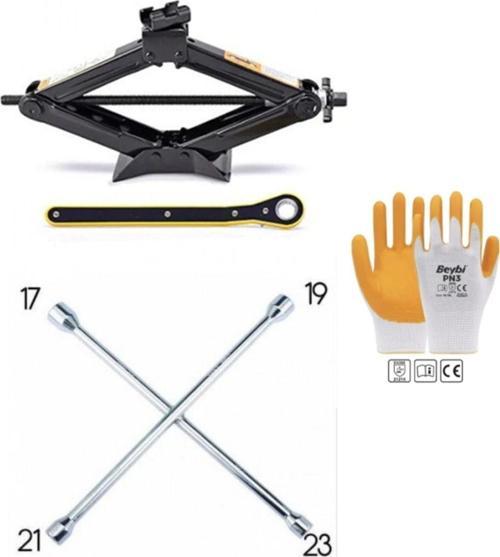 Araç Kaldirma Krikosu 2 Ton + Dört Kollu Bijon Anahtari Set Eldiven Hediyeli