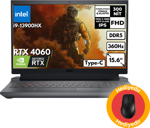 G15 5530 i9-13900HX 16-GBDDR5 512 GB SSD 8GB RTX 4060 15.6" FHD Windows 10 Home + MD200 Mouse G155530017U_MD200BT17