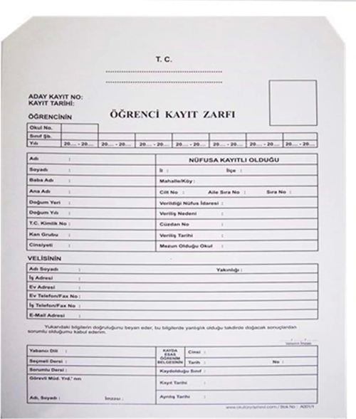 GÜLPAŞ 414 ÖĞRENCİ KAYIT ZARFI 210x280