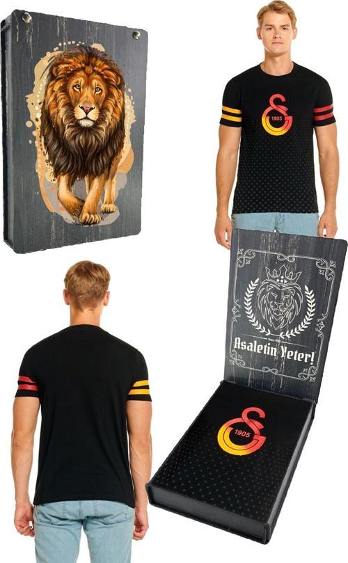 Orijinal Logo Baskılı Siyah T-Shirt Gs Aslan Baskılı Hediyelik Ahşap Kutulu