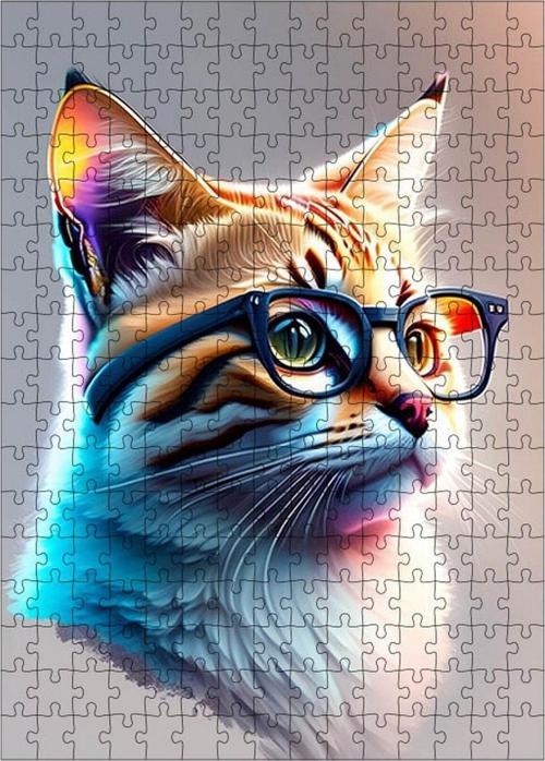 Ahşap Mdf Puzzle Yapboz Gözlüklü Kırçıllı Kedi 255 Parça 35*50 Cm