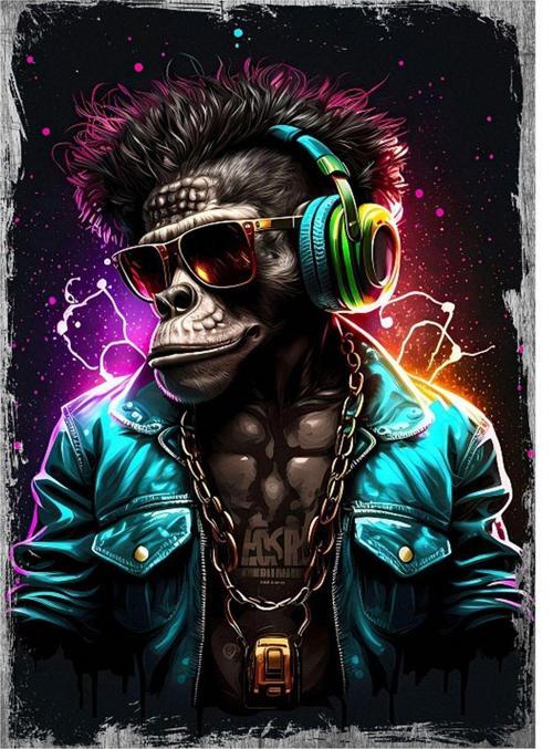 Müzik Dinleyen Maymun Mdf Poster 35Cm X50Cm