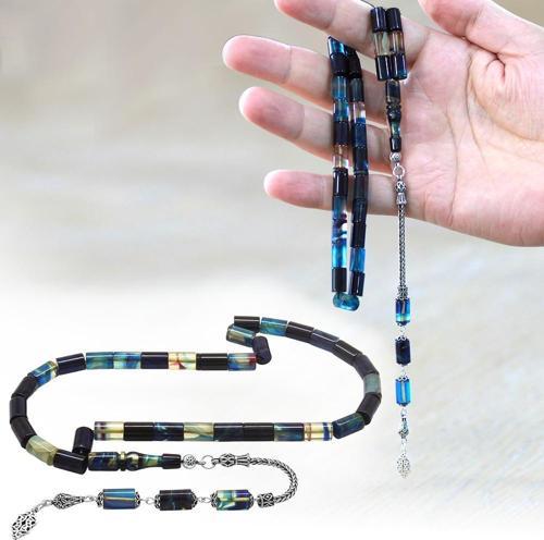 925 Ayar Gümüş Püsküllü Kesme Kesim Mavi-Beyaz Ateş Kehribar Tesbih