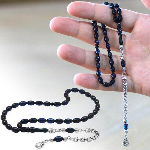 Kararmaz Metal Arnavut Zincir Püsküllü Arpa Kesim Koyu Lacivert Bilek Boy Sıkma Kehribar Tesbih