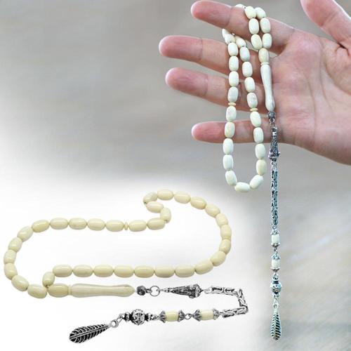 Kararmaz Metal Kral Zincir Püsküllü Tombul Kapsül Kesim Naturel Renk Deve Kemiği Tesbih