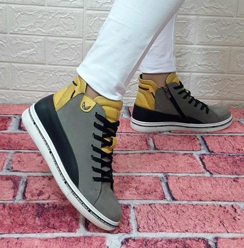 8498 Gri-Sarı Hakiki Deri Kaymaz Taban Fermuarlı Bağacaklı Bot