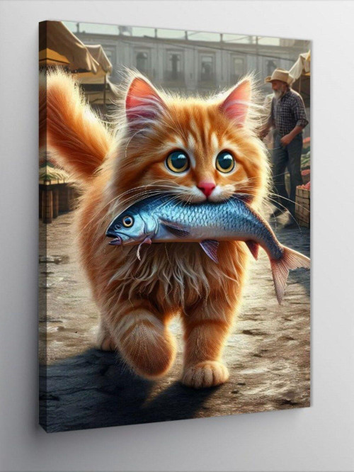 Kanvas Tablo Balık Yakalmış Kedi