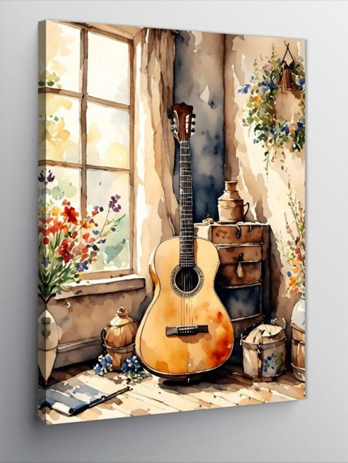 Kanvas Tablo Pencere Kenarındaki Gitar