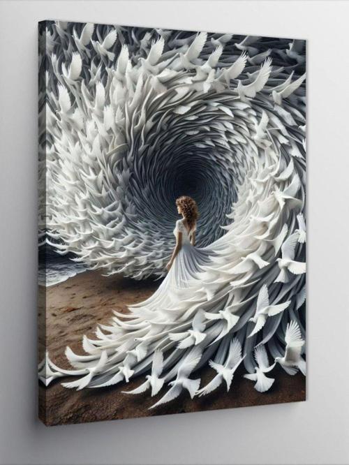 Kanvas Tablo Beyaz Spiral Martılar Ve Kadın