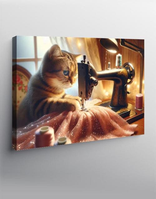 Kanvas Tablo Dikiş Makinesindeki Kedi