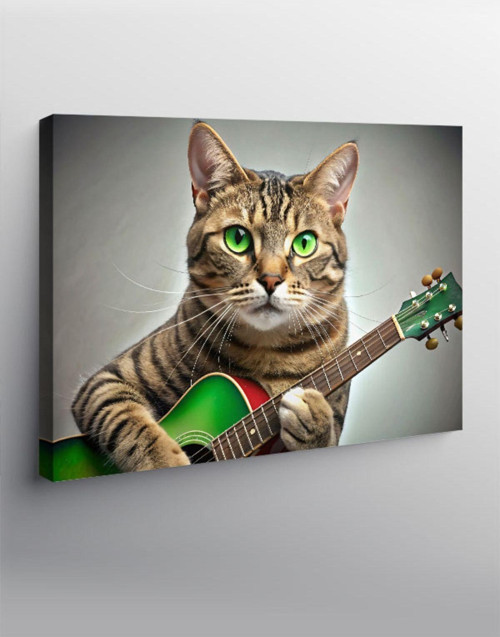 Kanvas Tablo Akustik Gitar Çalan Kedi