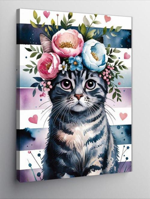 Kanvas Tablo Çiçekli Kedi Portresi