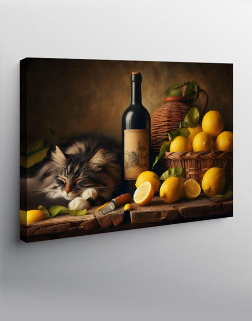 Kanvas Tablo Uyuyan Kedi Ve Şarap