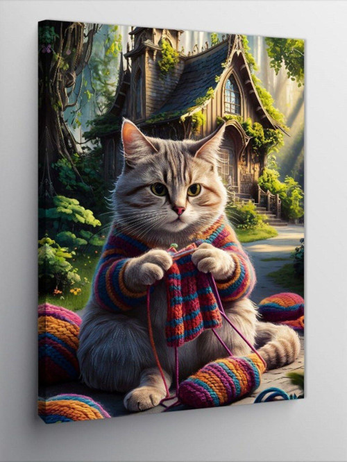 Kanvas Tablo Örgü Yapan Kedi