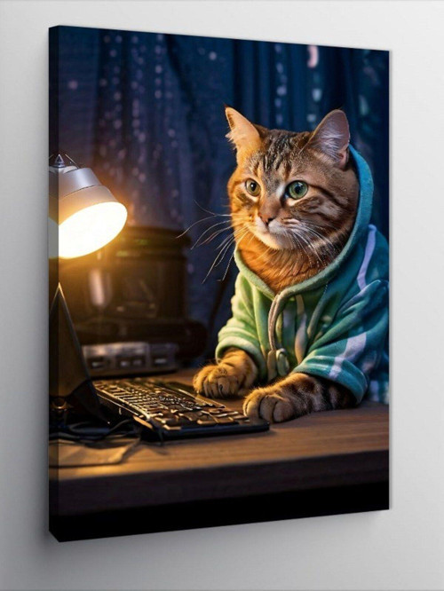 Kanvas Tablo Bilgisayar Kullanan Kedi