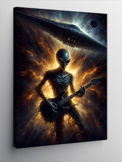 Kanvas Tablo Elektro Gitar Çalan Uzaylı