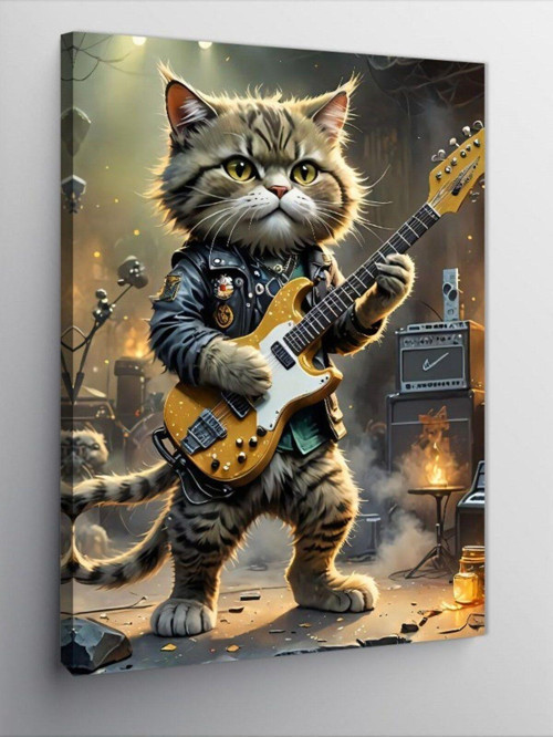 Kanvas Tablo Elektro Gitar Çalan Kedi