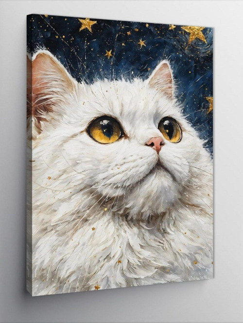 Kanvas Tablo Beyaz Kedi Ve Yıldızlar