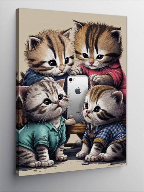 Kanvas Tablo Telefon Ve Yavru Kediler