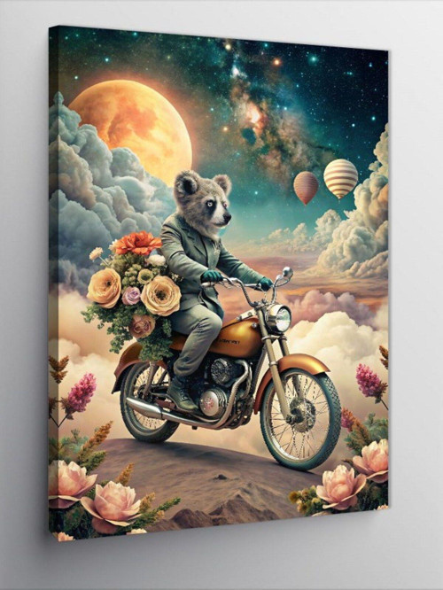 Kanvas Tablo Retro Motosiklet Kullanan Koala