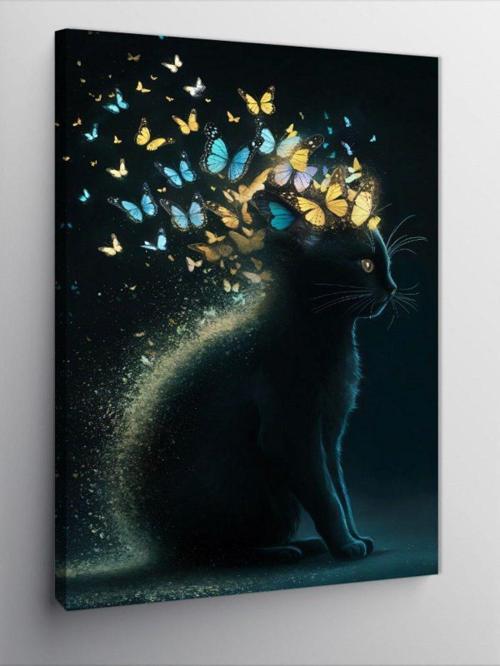 Kanvas Tablo Siyah Kedi Ve Kelebekler