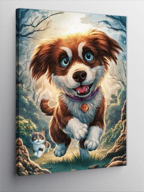 Kanvas Tablo Yavru Köpek Tobi Ve Kedi Dostu