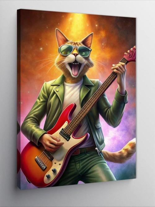 Kanvas Tablo Bas Gitar Çalan Kedi