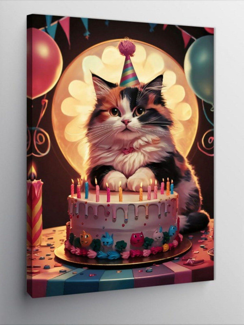 Kanvas Tablo Yaş Gününü Kutlayan Kedi