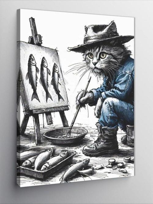Kanvas Tablo Balık Resmi Çizen Kedi
