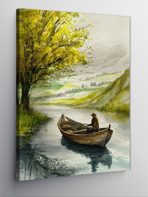 Kanvas Tablo Nehirde Sandalla Balık Avı