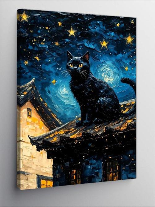 Kanvas Tablo Yağlı Boya Siyah Kedi Ve Yıldızlar