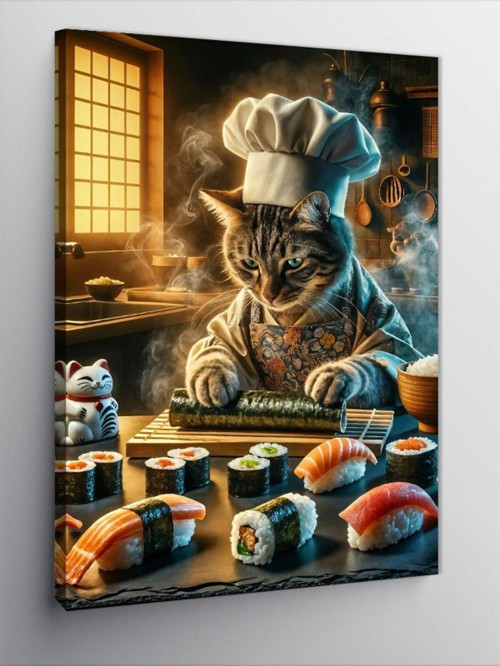 Kanvas Tablo Sushi Yapan Aşçı Kedi