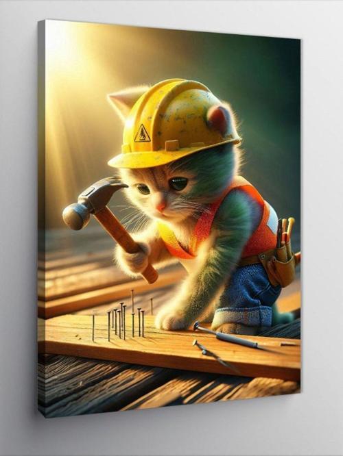 Kanvas Tablo Çivi Çakan İnşaatçı Kedi