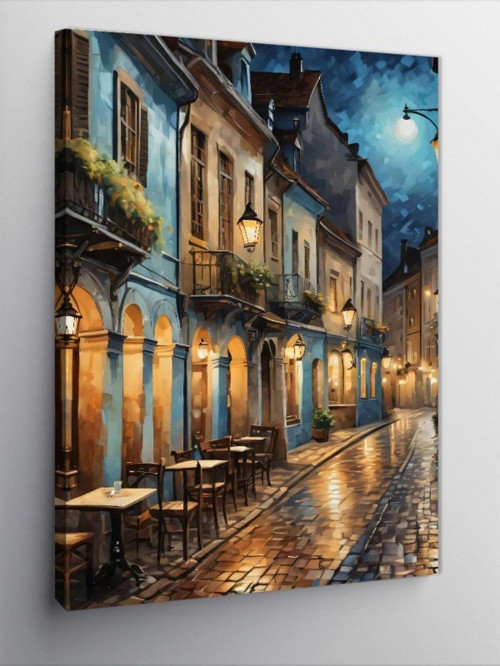Kanvas Tablo Eski Taşlı Sokak Ve Kafe
