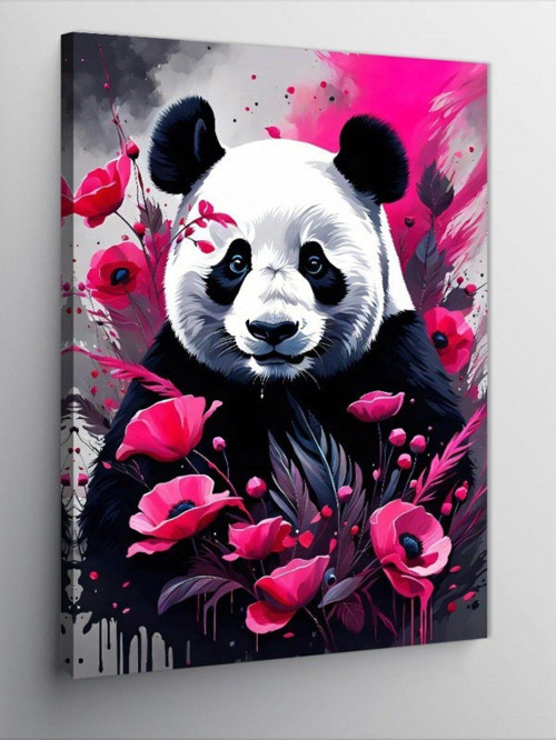 Kanvas Tablo Pembe Çiçekler Ve Panda