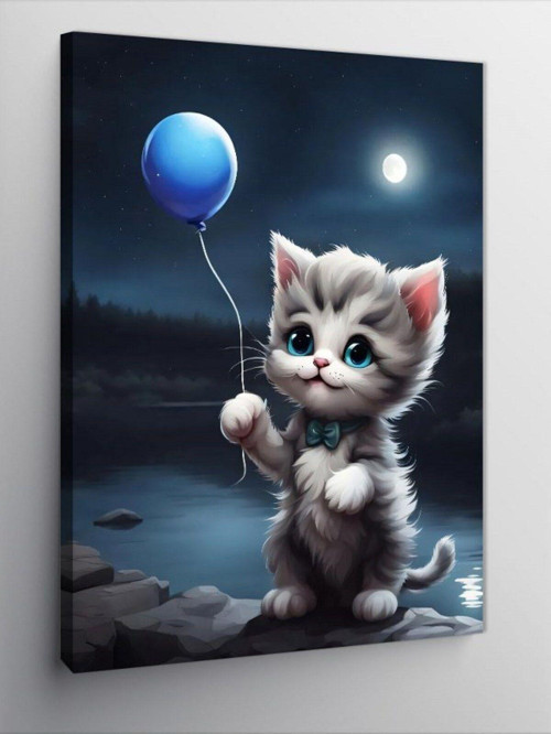 Kanvas Tablo Mavi Balonlu Yavru Kedi
