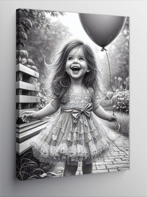 Kanvas Tablo Balon Tutan Küçük Kız Siyah Beyaz