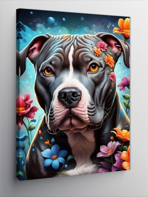 Kanvas Tablo Pitbul Köpek Ve Çiçekler