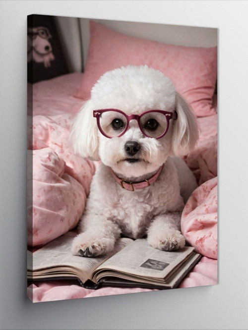 Kanvas Tablo Kitap Okuyan Beyaz Köpek