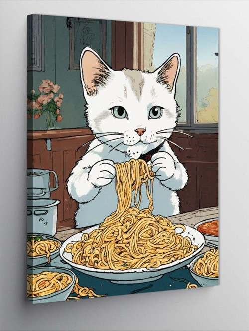 Kanvas Tablo Afacan Kedi Ve Spagetti Makarna