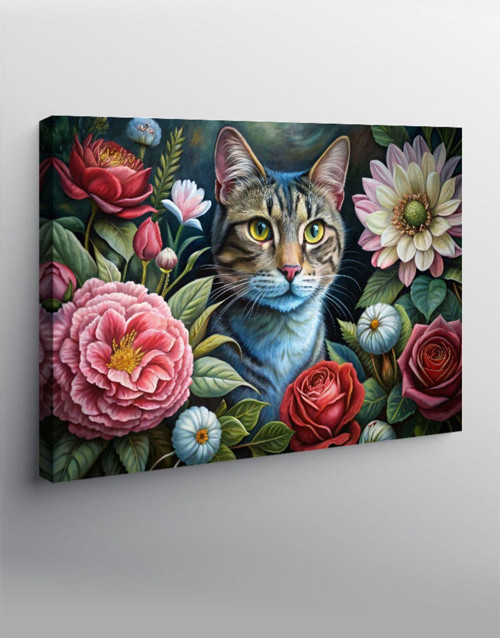 Kanvas Tablo Çiçekler Ve Kedi