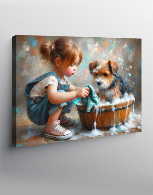 Kanvas Tablo Köpeğini Yıkayan Küçük Kız